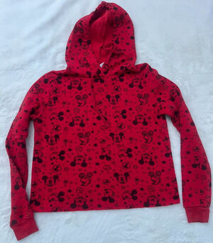 Disney Mickey Mouse Womens S Red Black Allover Print Hoodie Sweatshirt Pullover